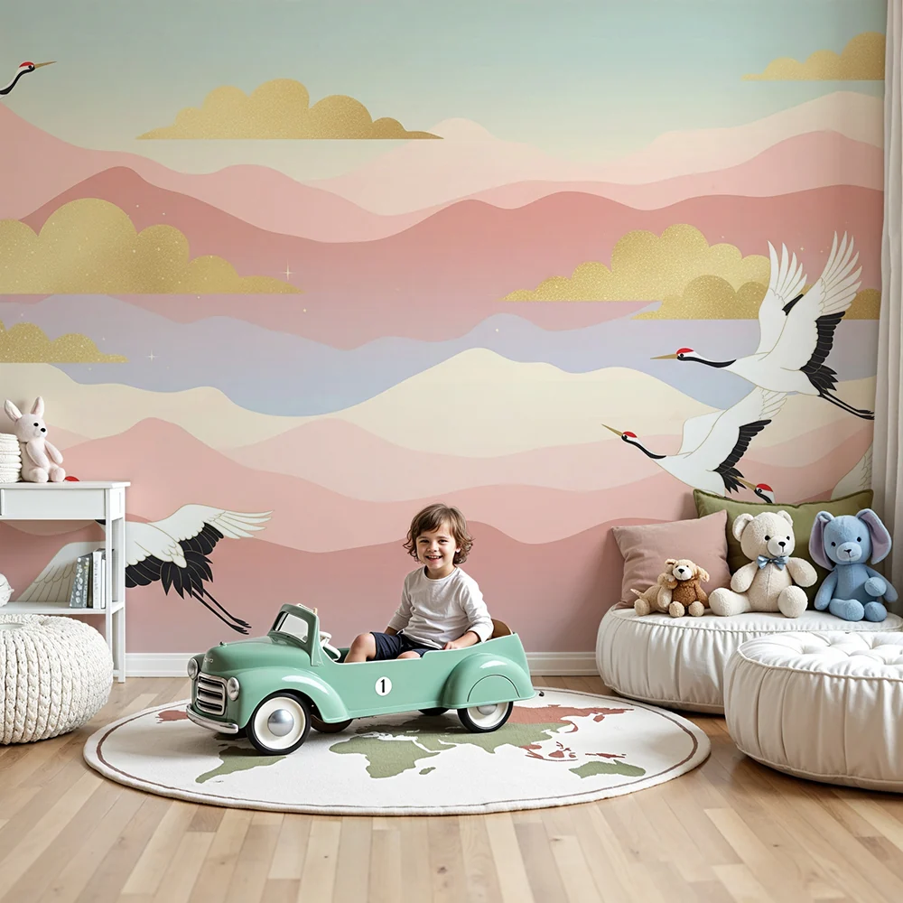Tapet barnerom | Elegante traner flyr over en pastellbakgrunn