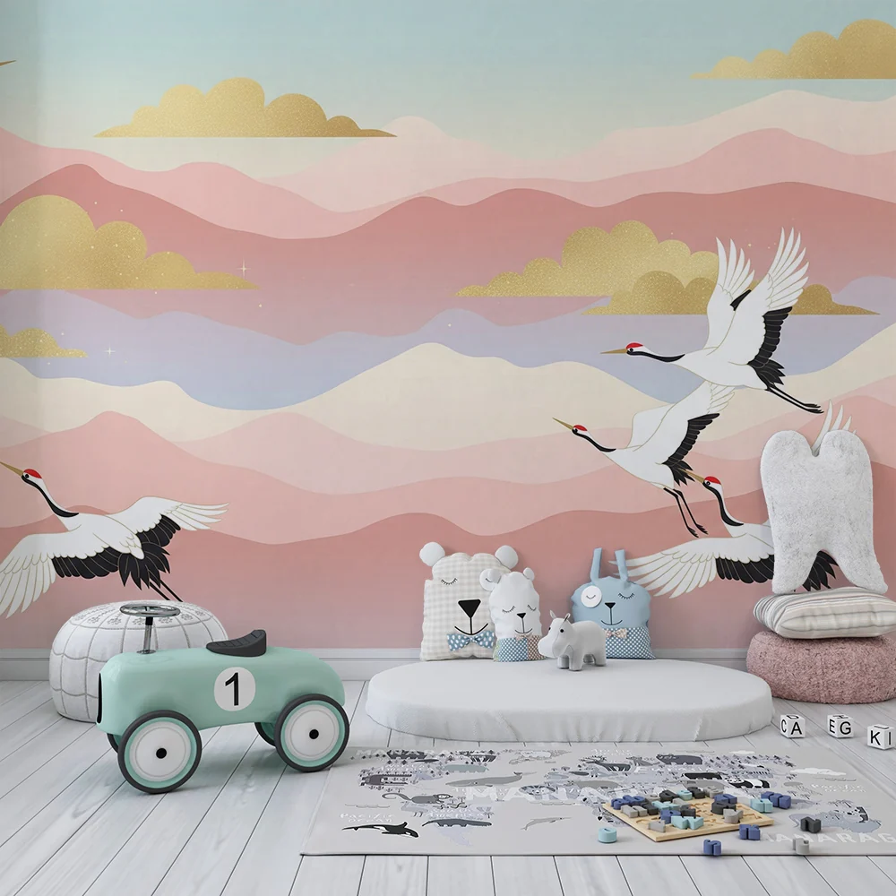 Tapet barnerom | Elegante traner flyr over en pastellbakgrunn