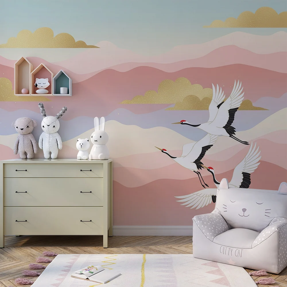 Tapet barnerom | Elegante traner flyr over en pastellbakgrunn