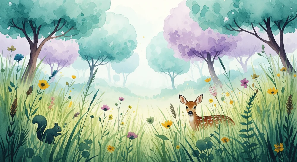 Tapet barnerom | Eventyrskog med fawn og ekorn i en blomstrende eng