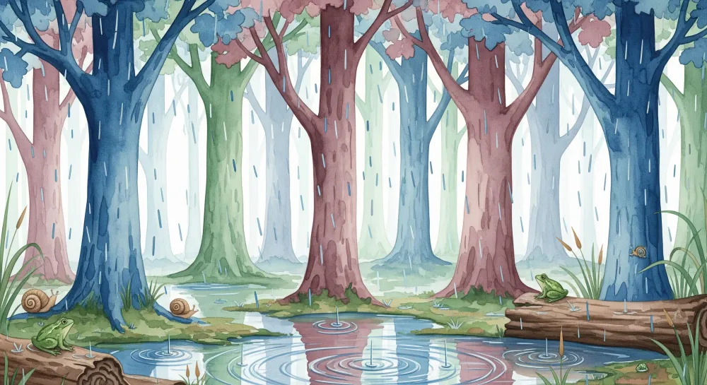 Tapet barnerom | Eventyrskog med frosker og fargerike trær
