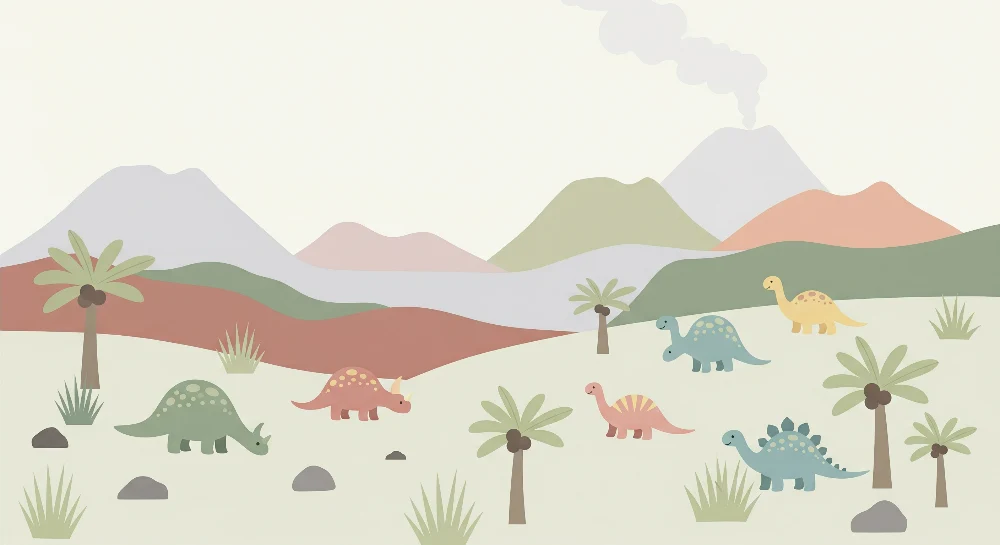Tapet barnerom | Fargerik dinosaurus midt i en forhistorisk landskap