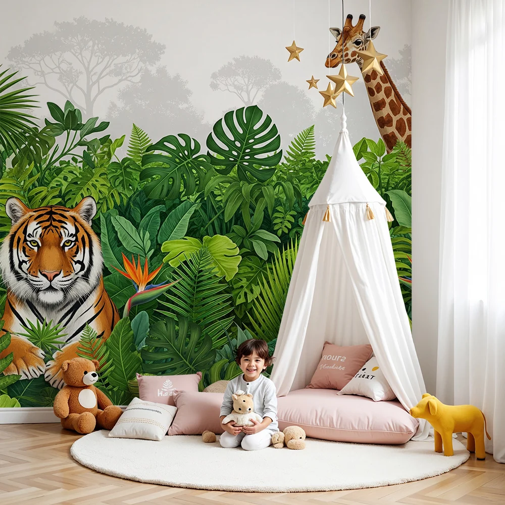 Tapet barnerom | Fargerik jungel med tiger, giraff og rosa flamingo