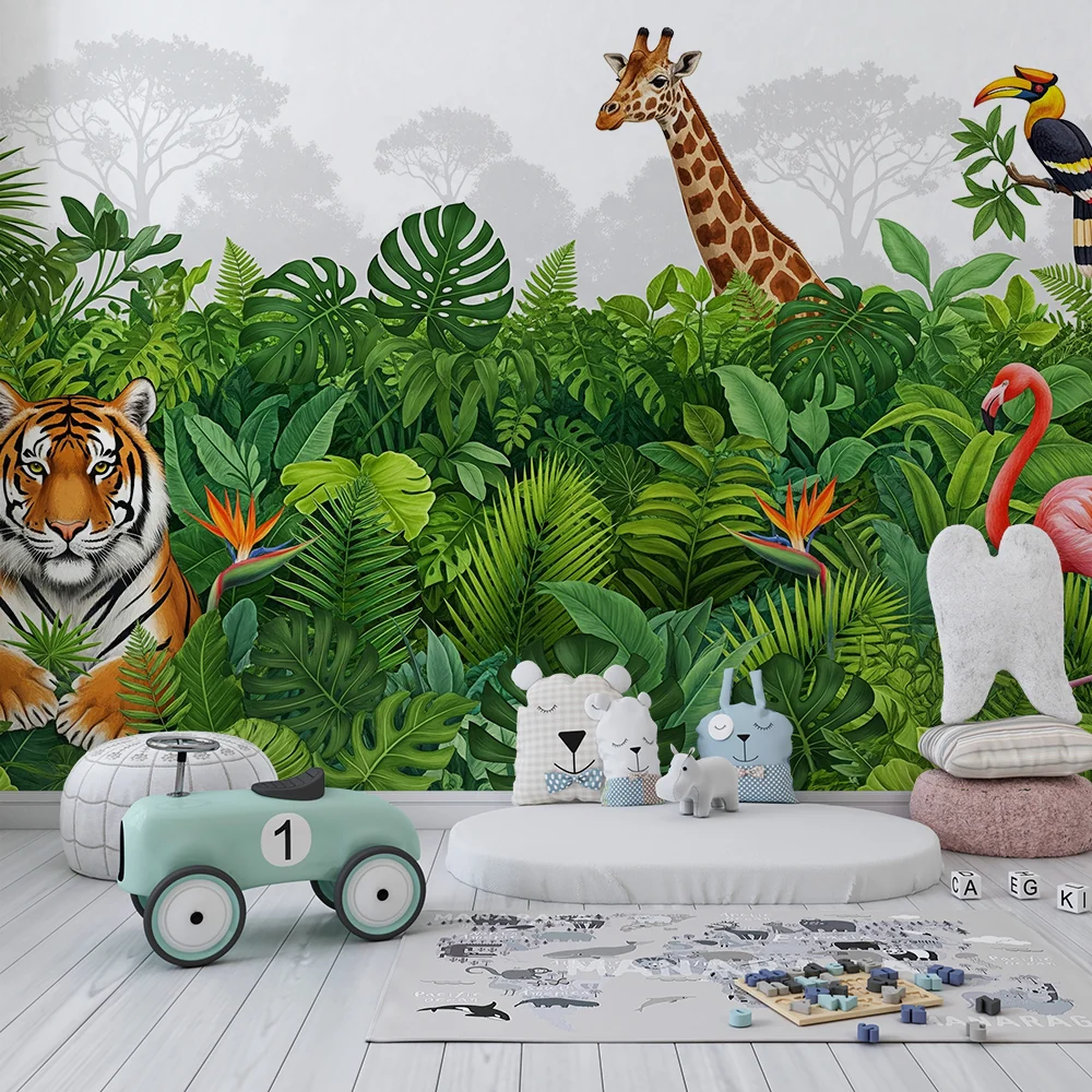 Tapet barnerom | Fargerik jungel med tiger, giraff og rosa flamingo
