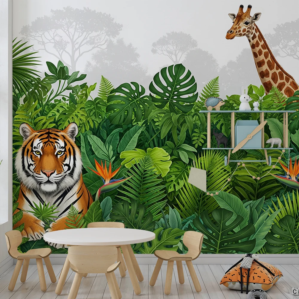 Tapet barnerom | Fargerik jungel med tiger, giraff og rosa flamingo