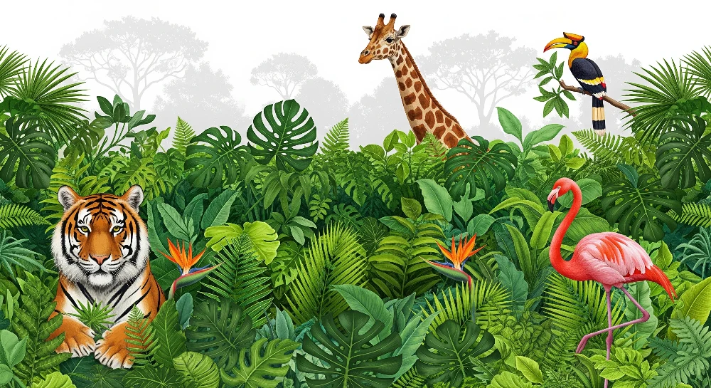 Tapet barnerom | Fargerik jungel med tiger, giraff og rosa flamingo