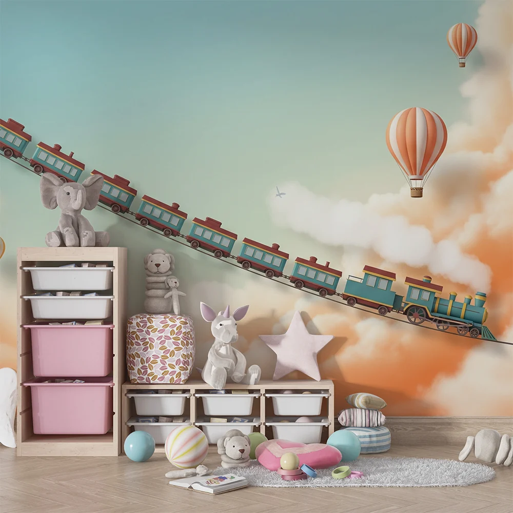 Tapet barnerom | Fargerik tog og luftballonger i en drømmende himmel