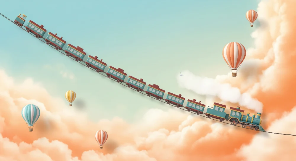Tapet barnerom | Fargerik tog og luftballonger i en drømmende himmel
