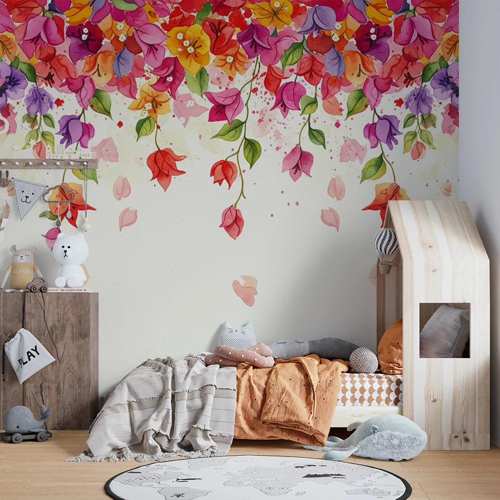 Tapet barnerom | Fargerike akvarellblomster en myk og blomstrende atmosfære