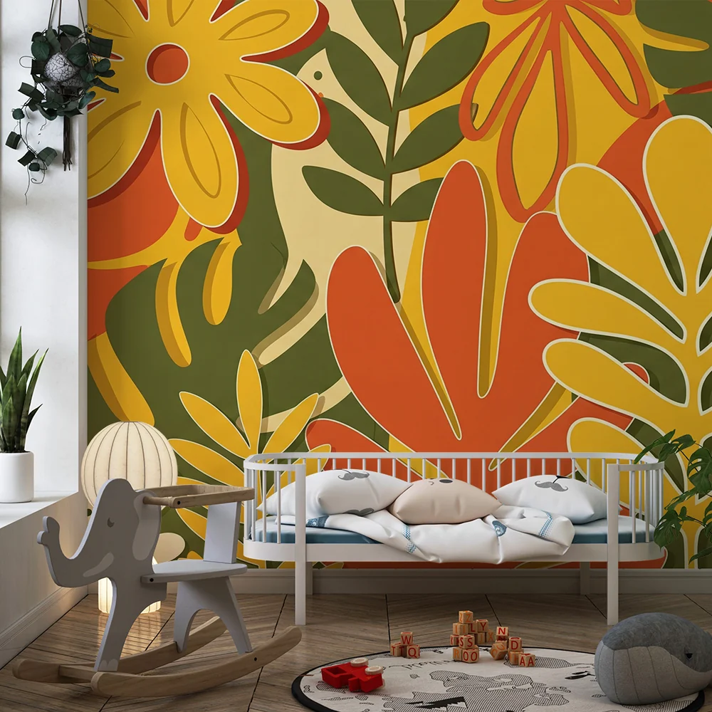 Tapet barnerom | Fargerike blomster og blader i varme toner