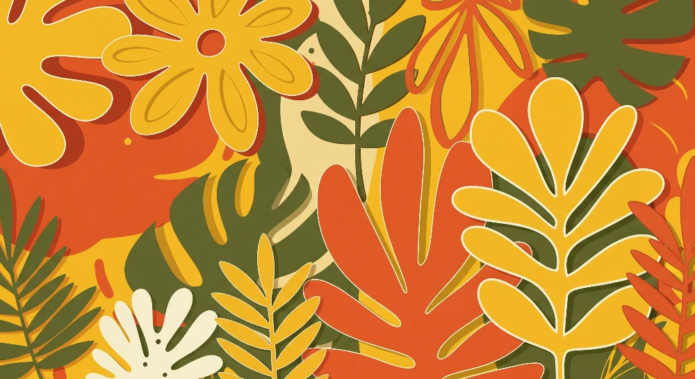 Tapet barnerom | Fargerike blomster og blader i varme toner