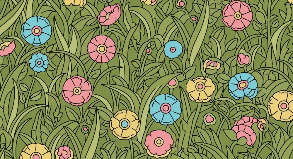 Tapet barnerom | Fargerike blomster og frodig løvverk en livlig stemning