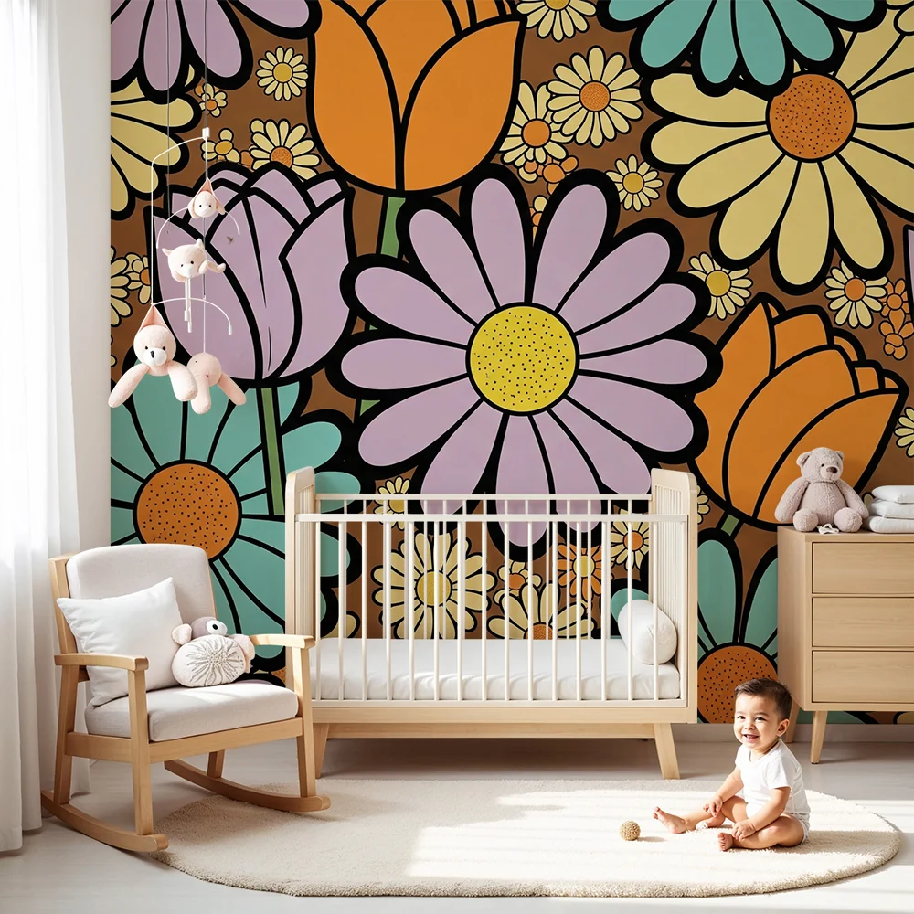 Tapet barnerom | Fargerike blomster og lekne mønstre på brun bakgrunn