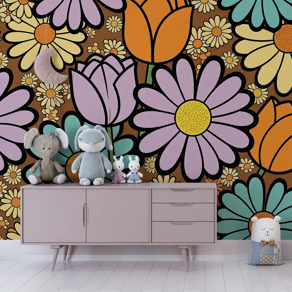Tapet barnerom | Fargerike blomster og lekne mønstre på brun bakgrunn