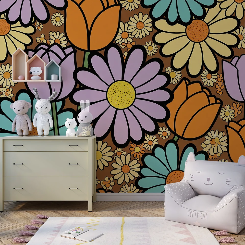 Tapet barnerom | Fargerike blomster og lekne mønstre på brun bakgrunn