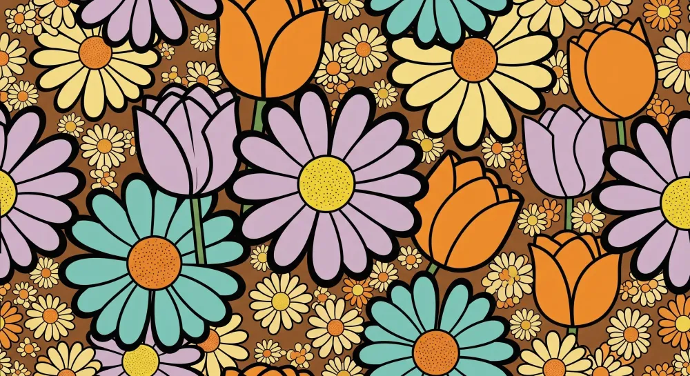 Tapet barnerom | Fargerike blomster og lekne mønstre på brun bakgrunn
