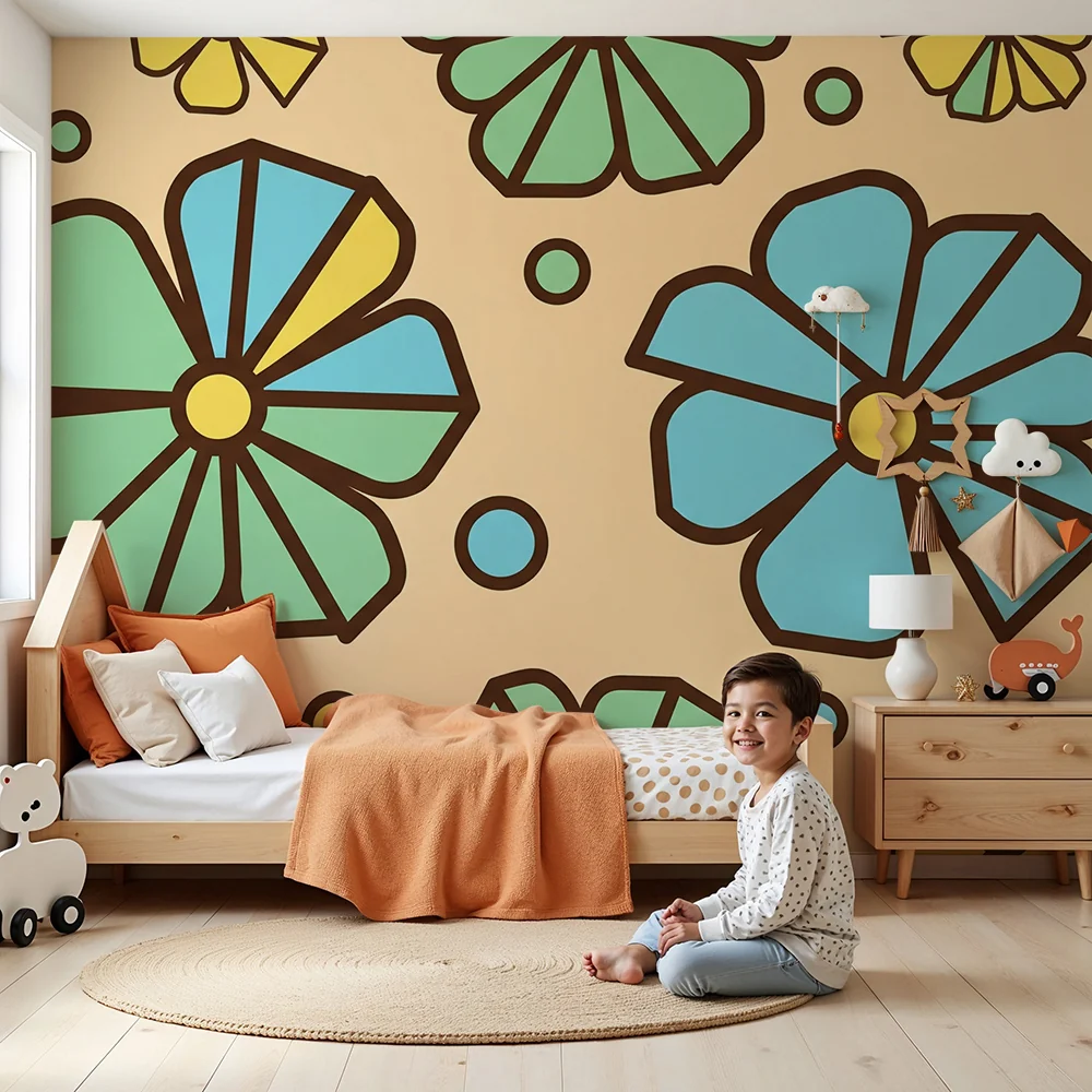Tapet barnerom | Fargerike blomster og lekne mønstre på myk bakgrunn