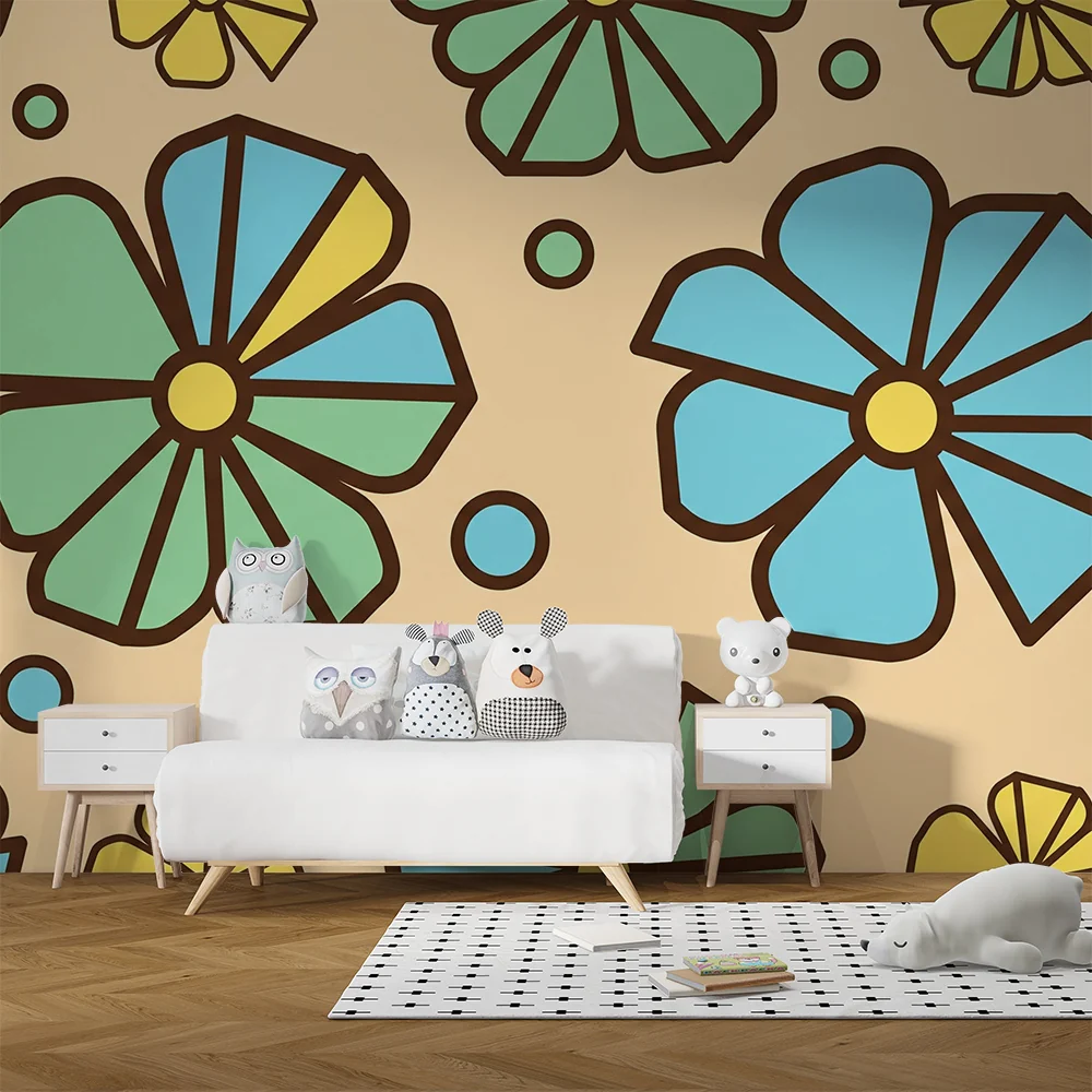 Tapet barnerom | Fargerike blomster og lekne mønstre på myk bakgrunn