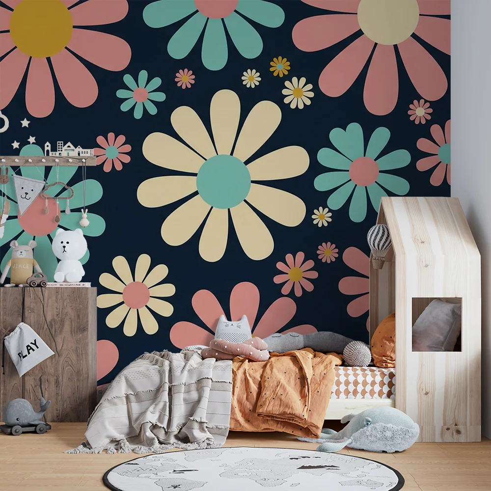 Tapet barnerom | Fargerike blomster på mørkeblå bakgrunn