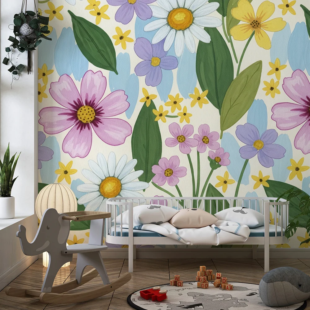 Tapet barnerom | Fargerike blomster og løv på myk bakgrunn