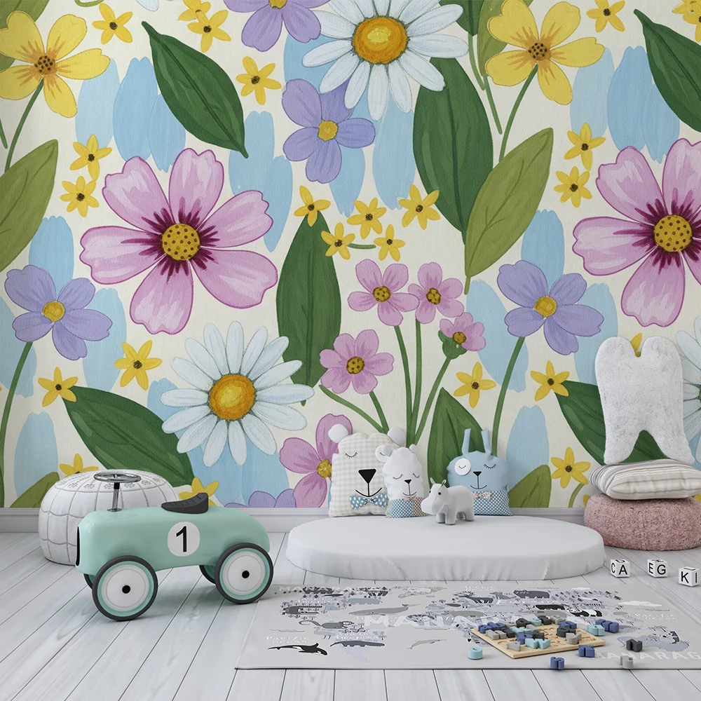 Tapet barnerom | Fargerike blomster og løv på myk bakgrunn