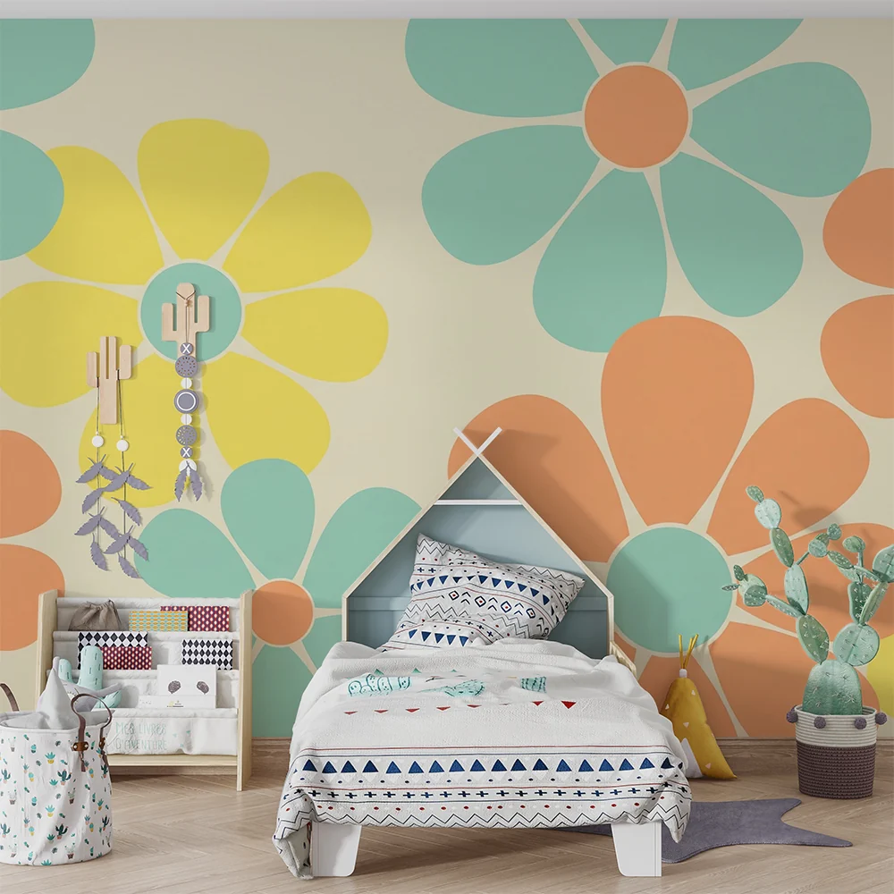 Tapet barnerom | Fargerike blomster i myke og glade farger
