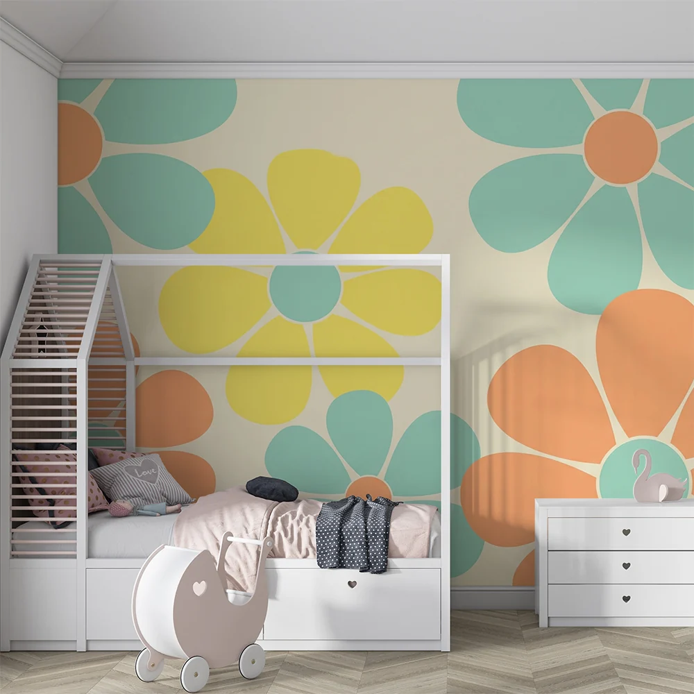 Tapet barnerom | Fargerike blomster i myke og glade farger