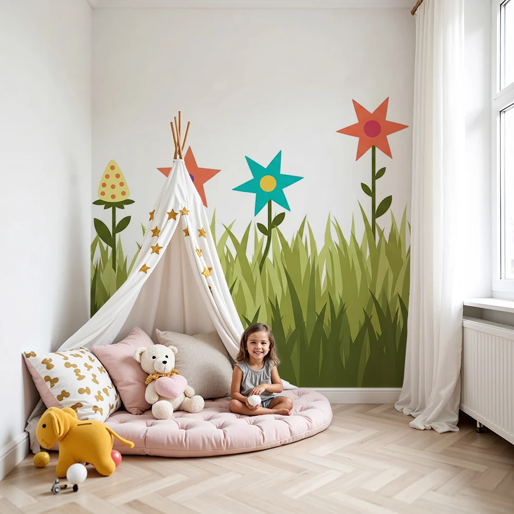 Tapet barnerom | Fargerike blomster og mykt gress en glad stemning