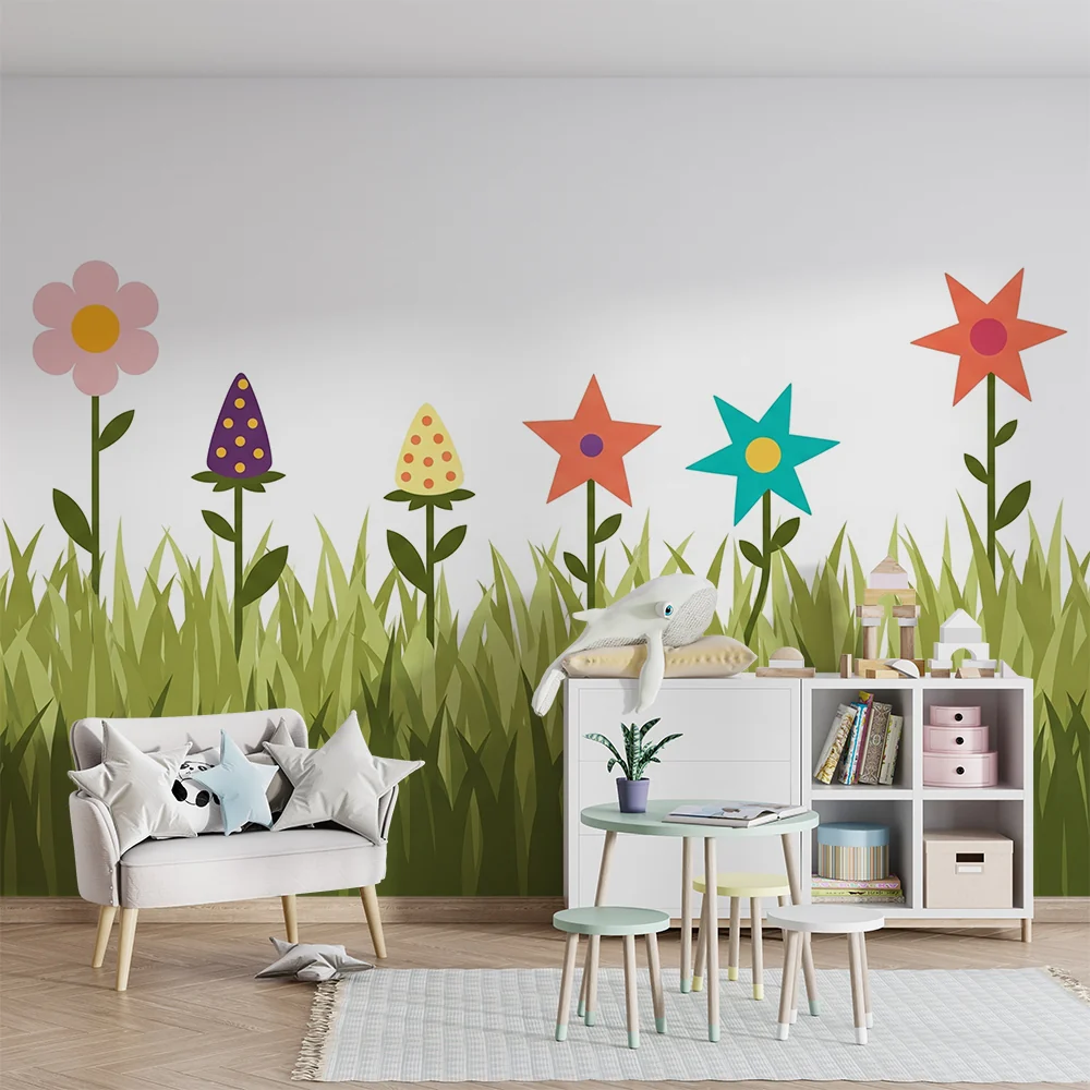 Tapet barnerom | Fargerike blomster og mykt gress en glad stemning