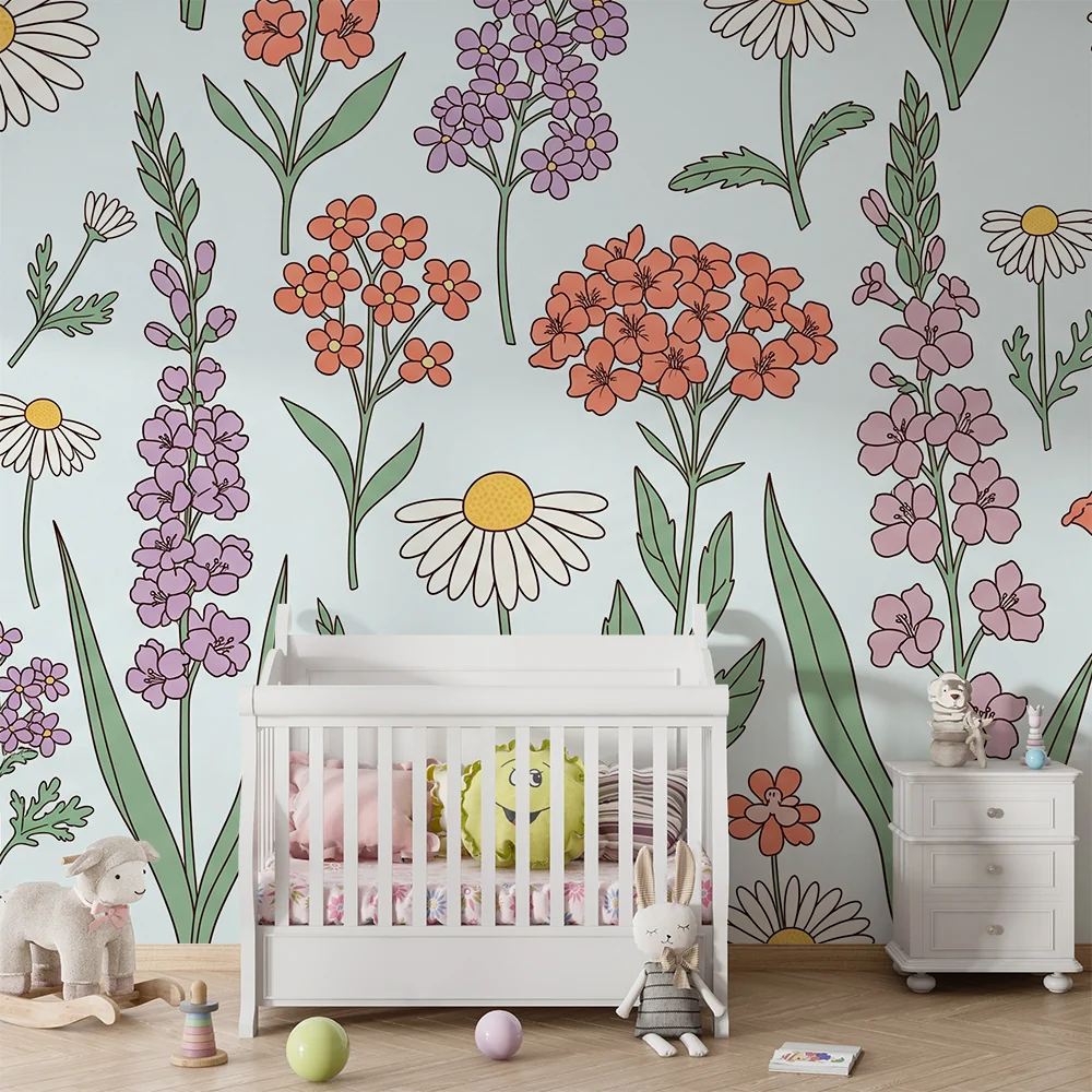Tapet barnerom | Fargerike blomster på pastellbakgrunn en myk stemning