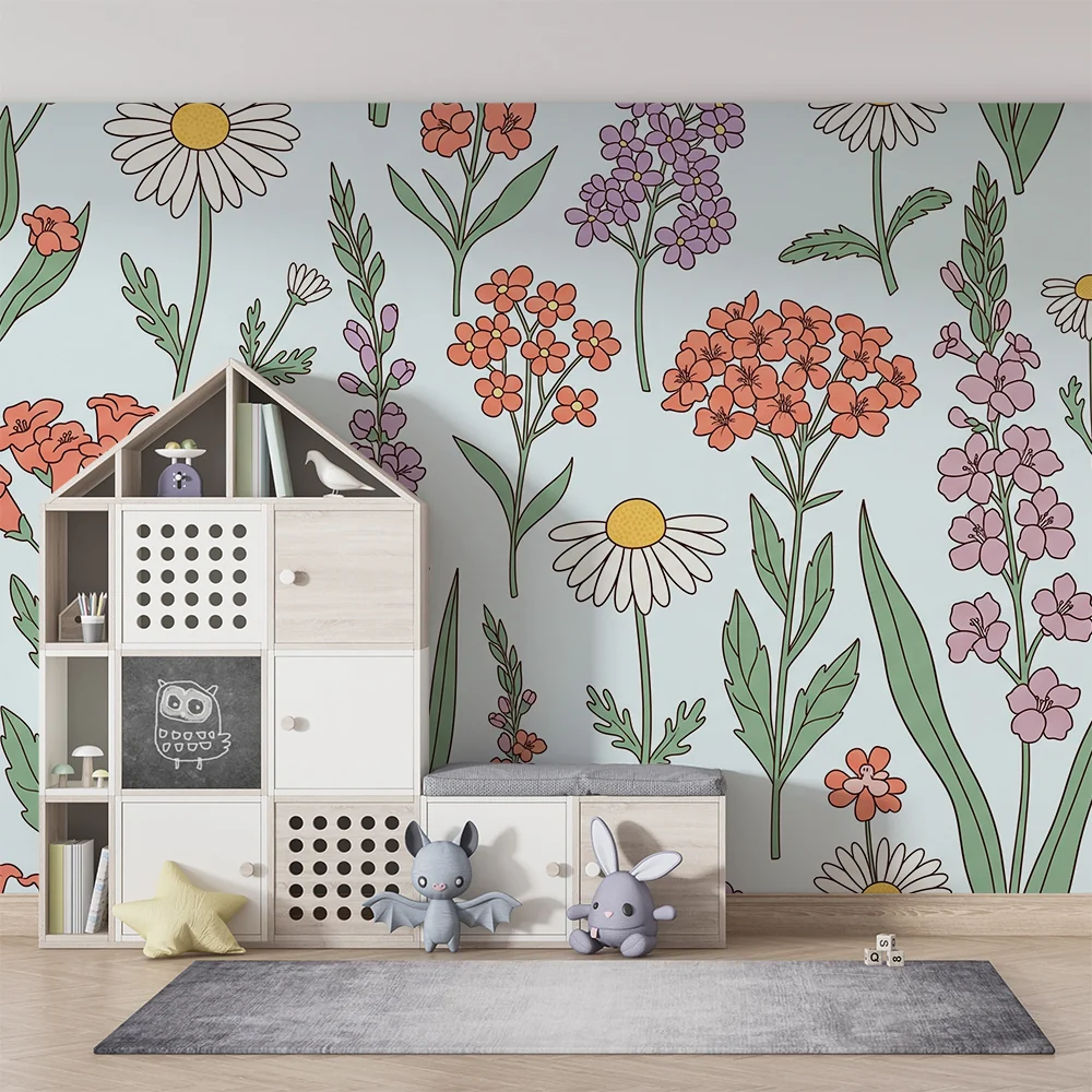 Tapet barnerom | Fargerike blomster på pastellbakgrunn en myk stemning
