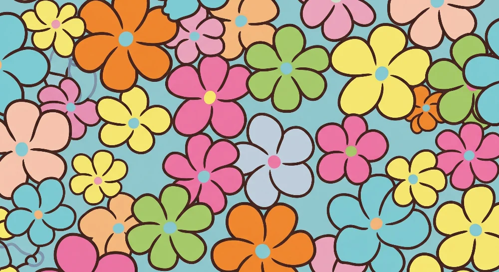 Tapet barnerom | Fargerike blomster på en strålende blå bakgrunn