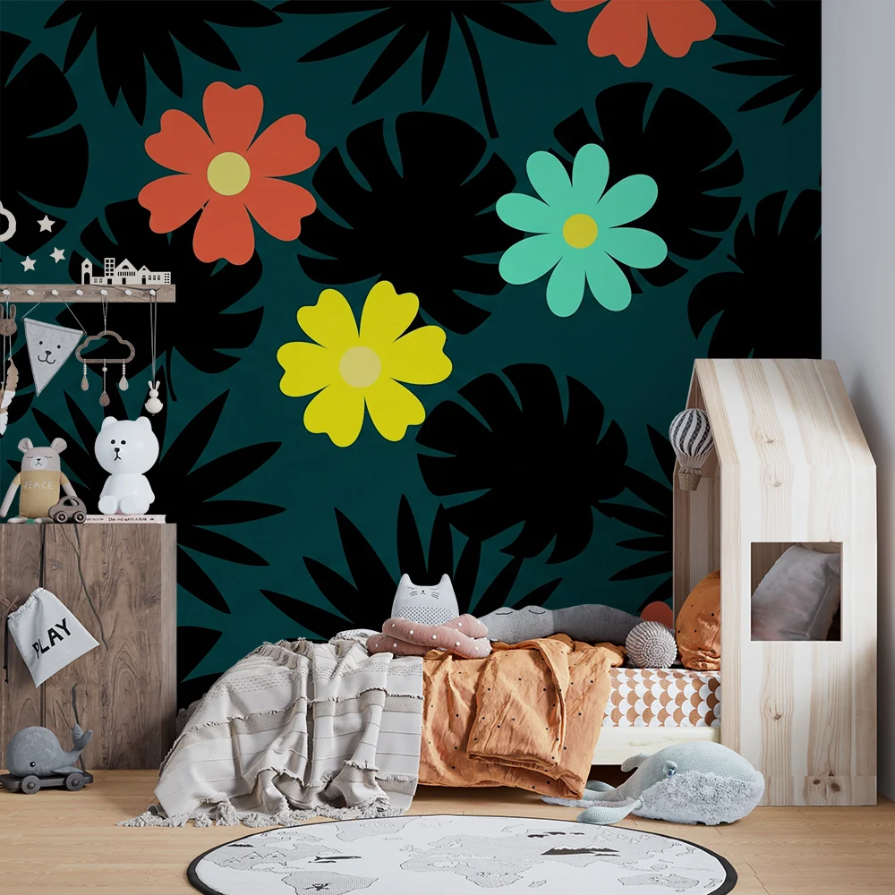 Tapet barnerom | Fargerike blomster på tropisk bakgrunn