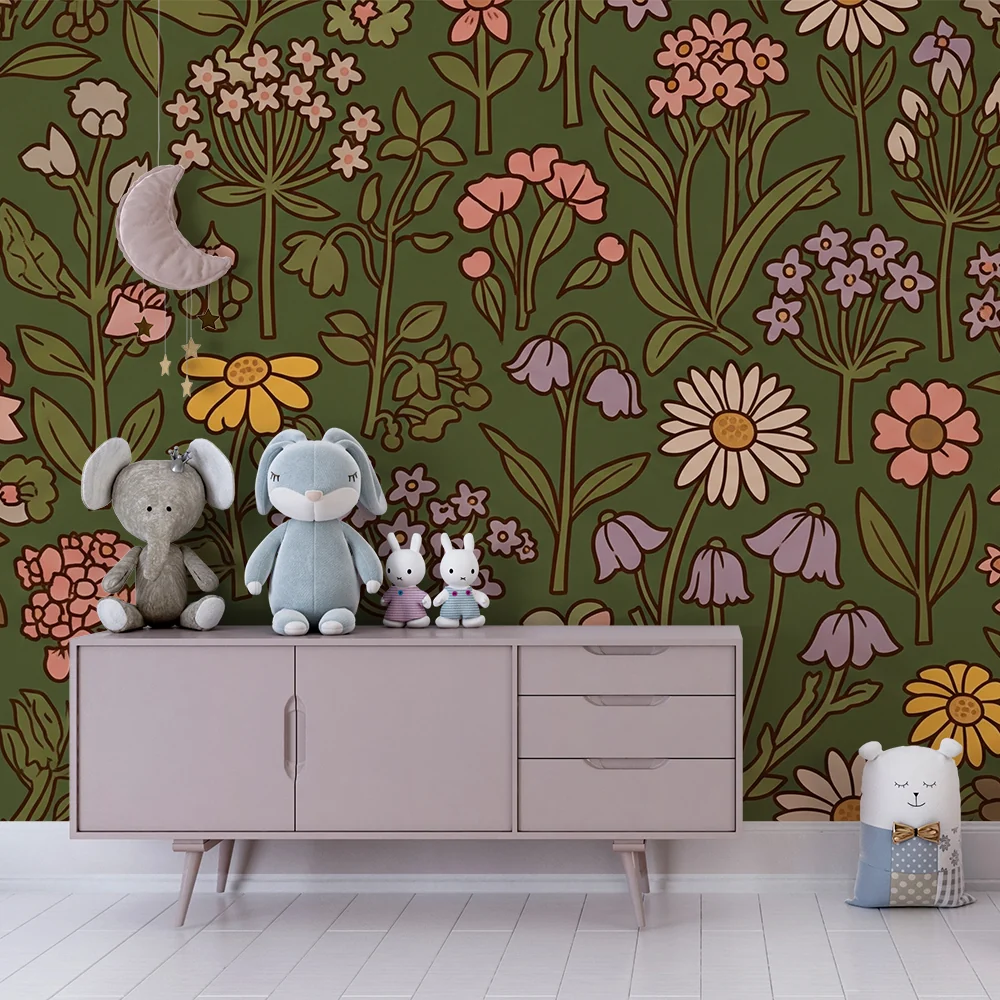 Tapet barnerom | Fargerike blomstermotiver på grønn bakgrunn