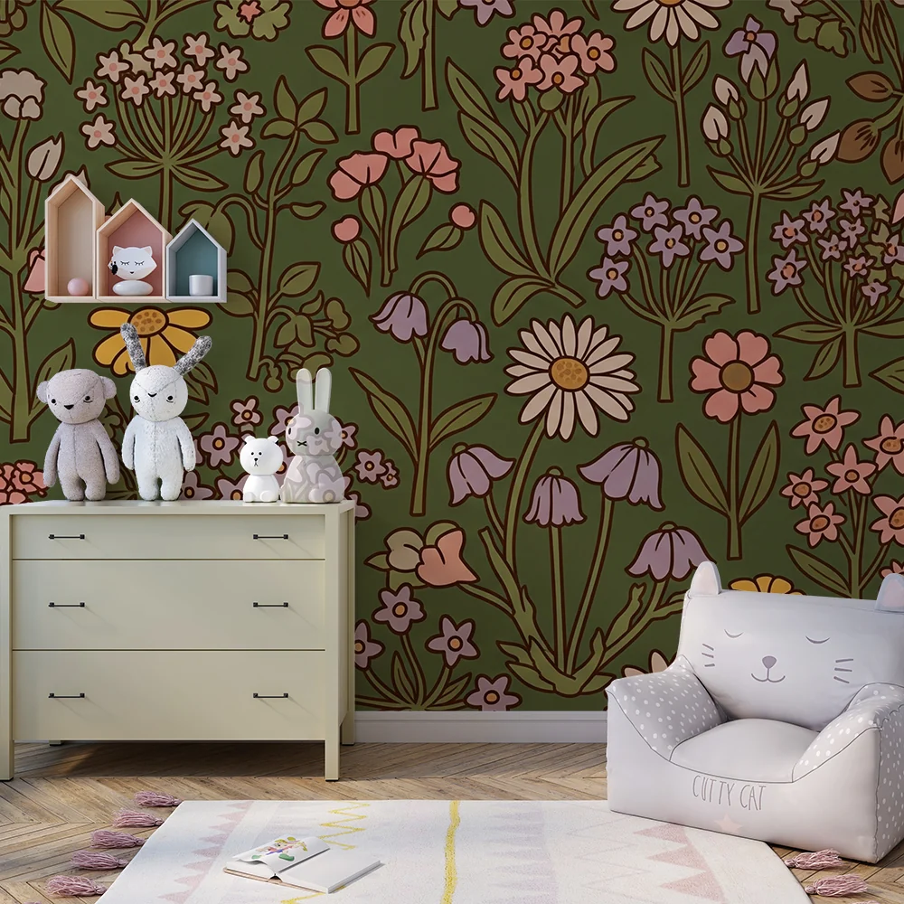 Tapet barnerom | Fargerike blomstermotiver på grønn bakgrunn