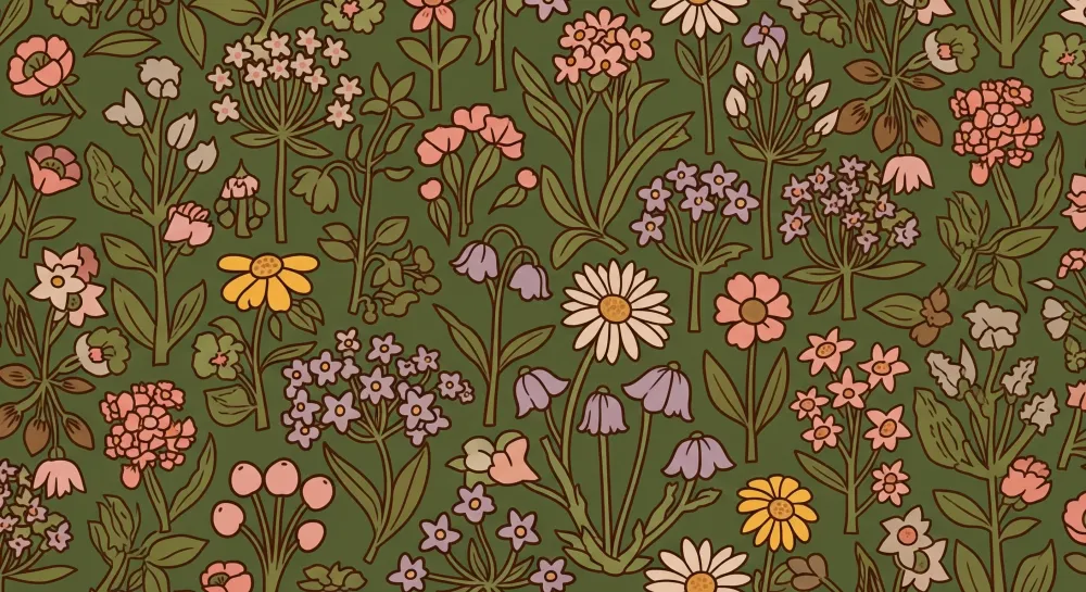 Tapet barnerom | Fargerike blomstermotiver på grønn bakgrunn