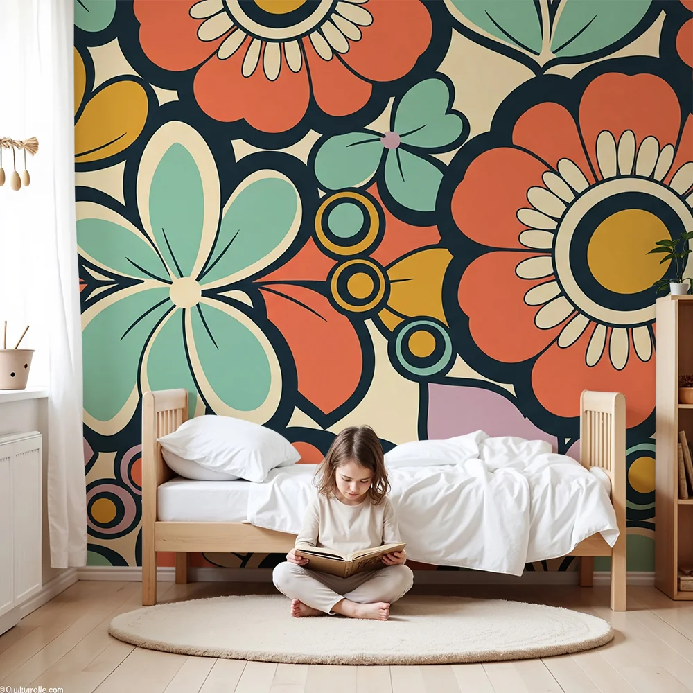 Tapet barnerom | Fargerike blomstermotiver med stiliserte blomster