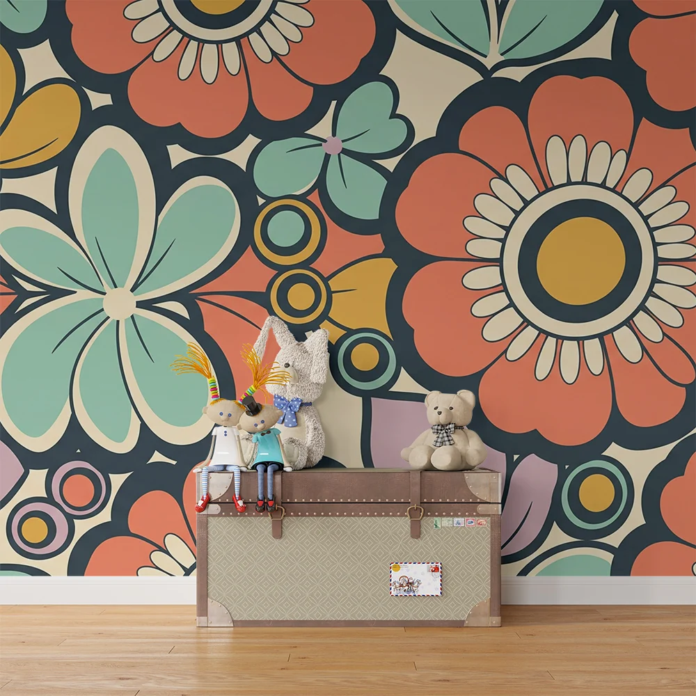 Tapet barnerom | Fargerike blomstermotiver med stiliserte blomster