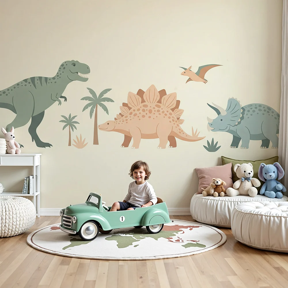 Tapet barnerom | Fargerike dinosaurer i en forhistorisk setting