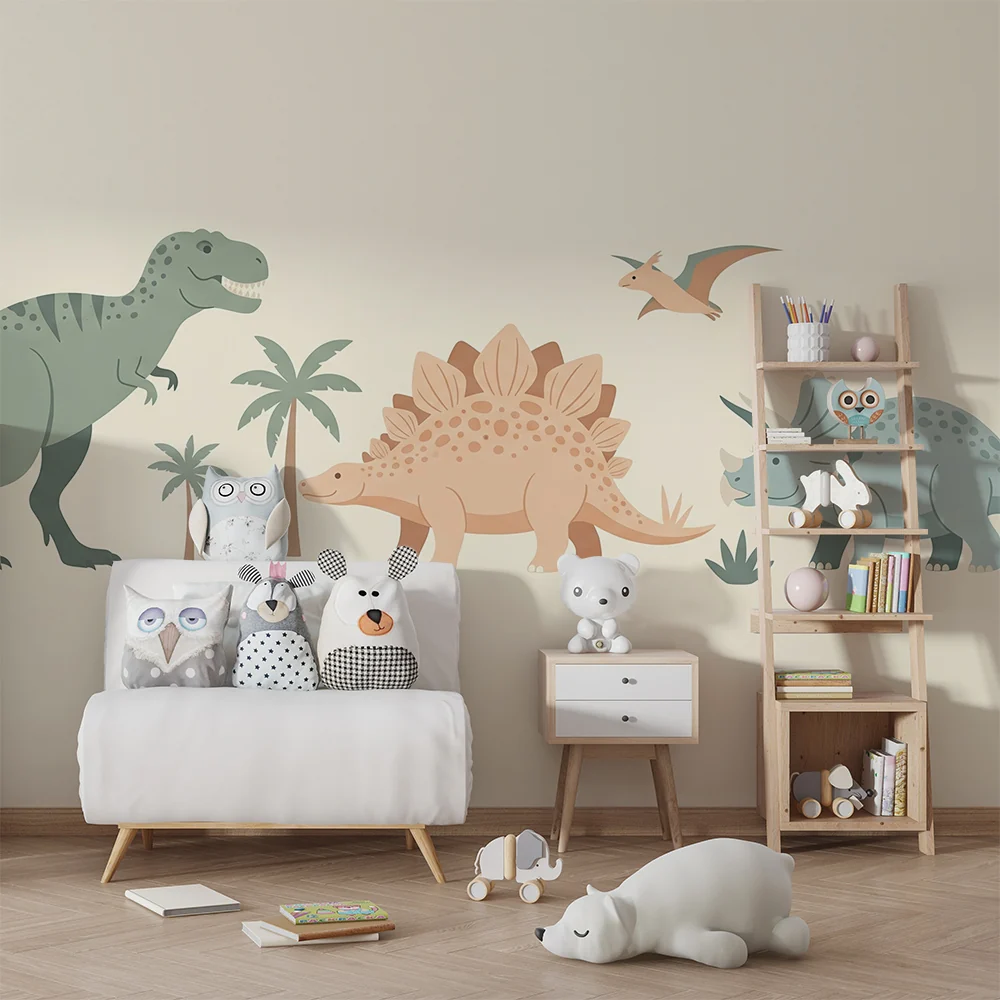 Tapet barnerom | Fargerike dinosaurer i en forhistorisk setting