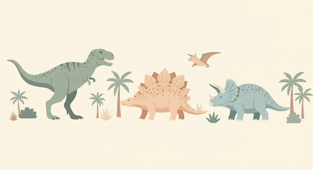Tapet barnerom | Fargerike dinosaurer i en forhistorisk setting