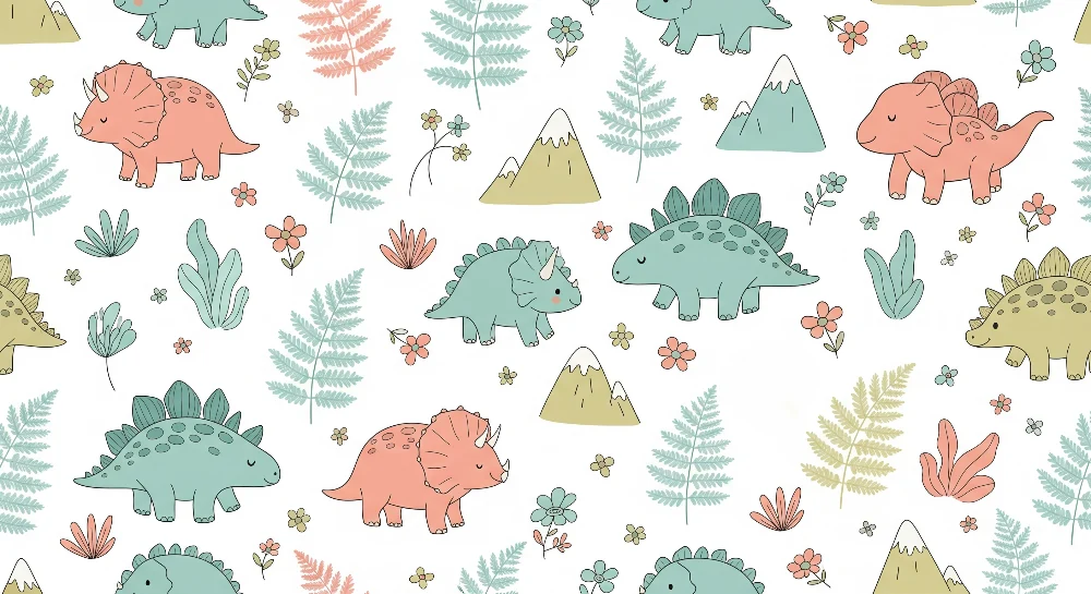 Tapet barnerom | Fargerike dinosaurer og leken vegetasjon