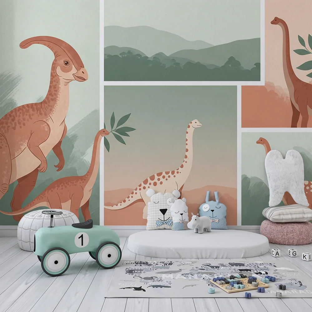 Tapet barnerom | Fargerike dinosaurer i et mykt landskap
