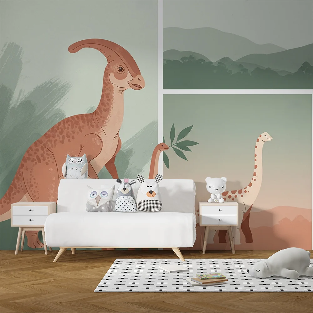 Tapet barnerom | Fargerike dinosaurer i et mykt landskap