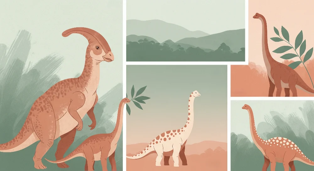 Tapet barnerom | Fargerike dinosaurer i et mykt landskap