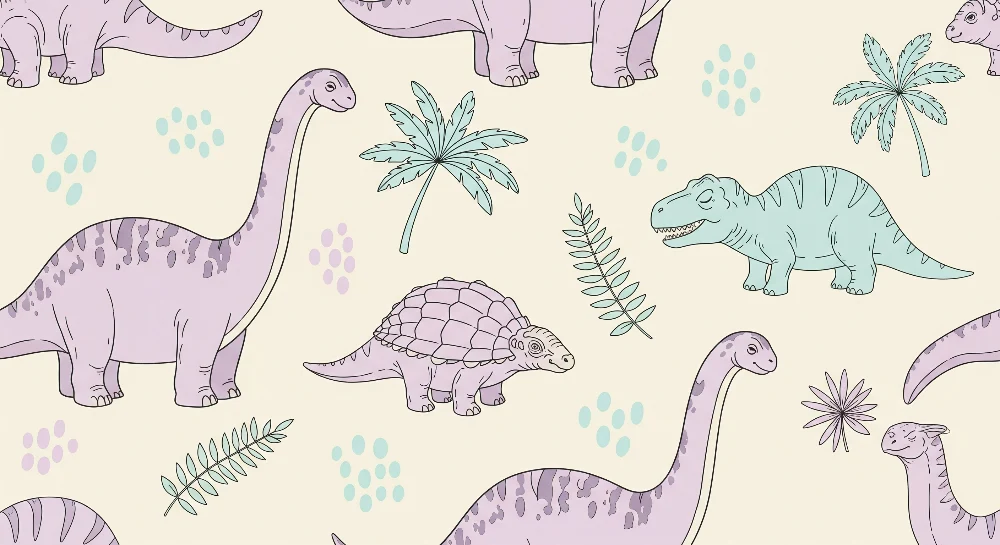 Tapet barnerom | Fargerike dinosaurer og tropiske blader