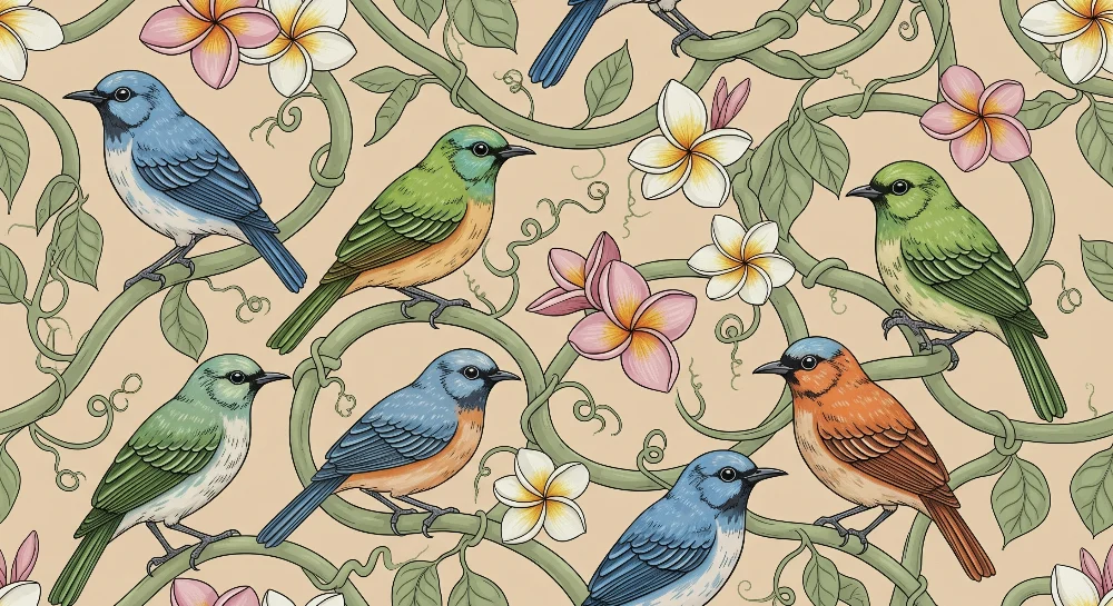 Tapet barnerom | Fargerike fugler sittende på vinstokker og eksotiske blomster