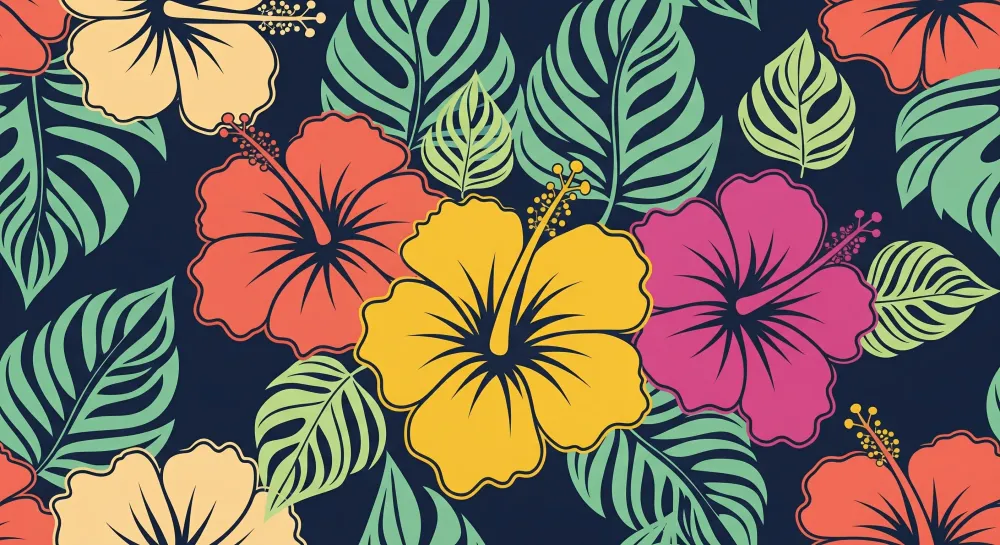 Tapet barnerom | Fargerike hibiskusblomster på mørk bakgrunn