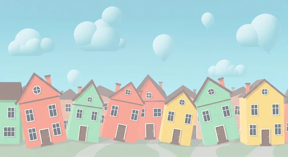 Tapet barnerom | Fargerike hus og ballonger i en rolig himmel