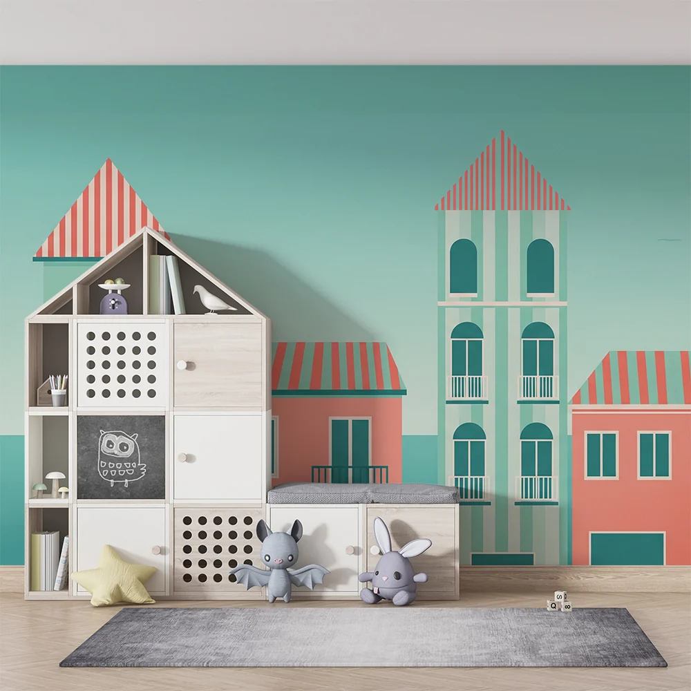 Tapet barnerom | Fargerike hus og grafisk stil en livlig stemning